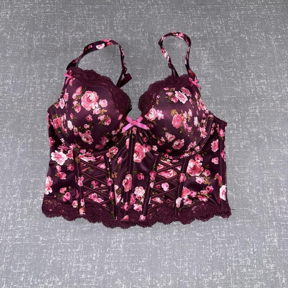 Victorias Secret Dream Angels Bustier Womens 32C Red Floral Satin Boned Demi